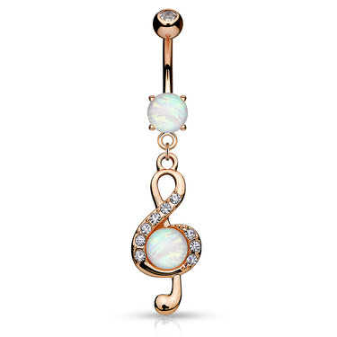 Opal Treble Clef Navel Ring with Rose Gold Plating - Dangling Belly Ring. Navel Rings Australia.