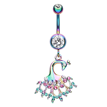 Metallic Rainbow Peacock Navel Ring - Dangling Belly Ring. Navel Rings Australia.