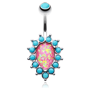 Mimi Pink Opal and Turquoise Belly Bar - Fixed (non-dangle) Belly Bar. Navel Rings Australia.