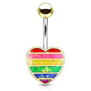 Opal Gay Pride Rainbow Belly Rings with Gold Plating - Fixed (non-dangle) Belly Bar. Navel Rings Australia.