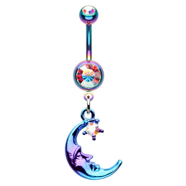 Galactic Rainbow Moon Belly Dangle - Dangling Belly Ring. Navel Rings Australia.