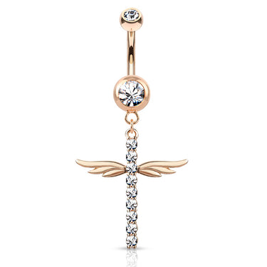 Winging It Cross Belly Dangle with Rose Gold Plating - Dangling Belly Ring. Navel Rings Australia.