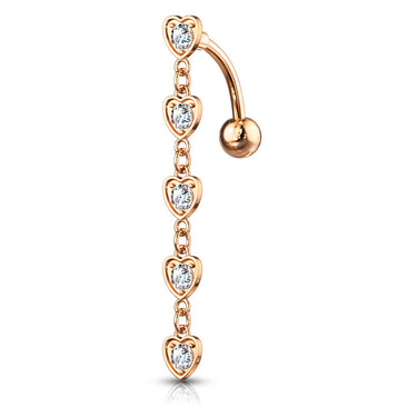 Chain of Hearts Reverse Belly Bar with Rose Gold Plating - Reverse Top Down Belly Ring. Navel Rings Australia.