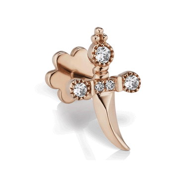 Diamond Trinity Hilt Dagger Threaded Stud by Maria Tash in 14K Rose Gold. Flat Stud.