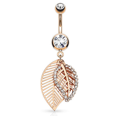 Feuille Leaf Belly Bar with Rose Gold Plating - Dangling Belly Ring. Navel Rings Australia.