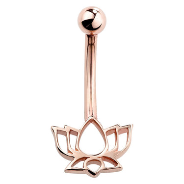 14K Rose Gold Lotus Flower Belly Bar - Fixed (non-dangle) Belly Bar. Navel Rings Australia.