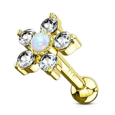 Opal Flower Body Jewellery in 14K Yellow Gold. Labret, Monroe, Tragus and Cartilage Earrings.