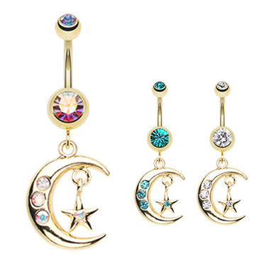 Starry Night Moon Belly Dangle - Dangling Belly Ring. Navel Rings Australia.