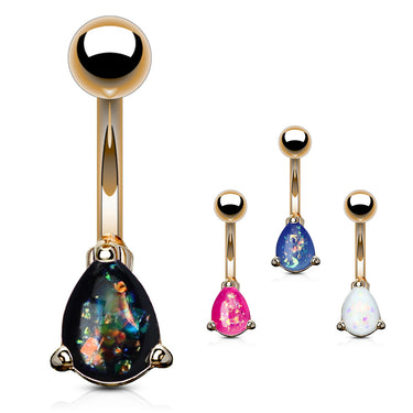 Solitaire Teardrop Opal Belly Rings with Rose Gold Plating - Basic Curved Barbell. Navel Rings Australia.