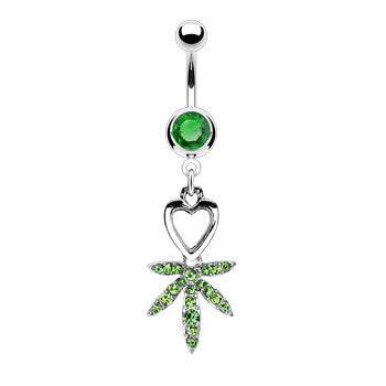 I Heart Pot Leaf Navel Bar - Dangling Belly Ring. Navel Rings Australia.