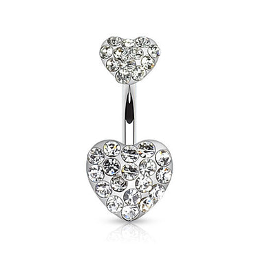 Duo CZ Paved Heart Belly Ring - Fixed (non-dangle) Belly Bar. Navel Rings Australia.