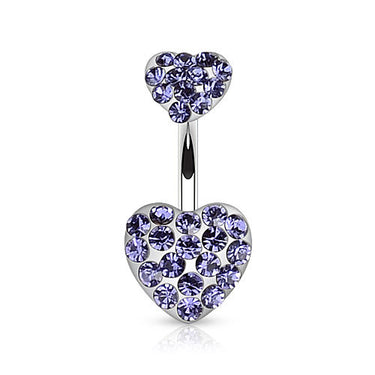 Duo CZ Paved Heart Belly Ring - Fixed (non-dangle) Belly Bar. Navel Rings Australia.