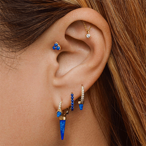 Lapis Triple Long Spike Diamond Eternity Hoop Earring by Maria Tash in Yellow Gold