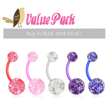 VALUE PACK 5 X Flex Glimmer with Glitter Belly Rings - Basic Curved Barbell. Navel Rings Australia.