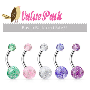 VALUE PACK 5 X Glimmer with Glitter Belly Rings - Basic Curved Barbell. Navel Rings Australia.