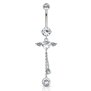 Gabriel Angel Heart Belly Bar in 14K White Gold - Dangling Belly Ring. Navel Rings Australia.