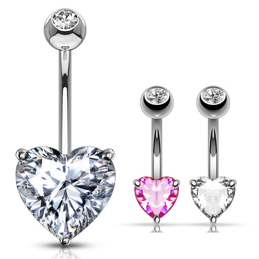 Classic Prong Heart Belly Ring in 14K White Gold - Fixed (non-dangle) Belly Bar. Navel Rings Australia.