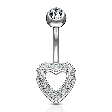 Paved Heart Navel Piercing Bar in 14K White Gold - Fixed (non-dangle) Belly Bar. Navel Rings Australia.