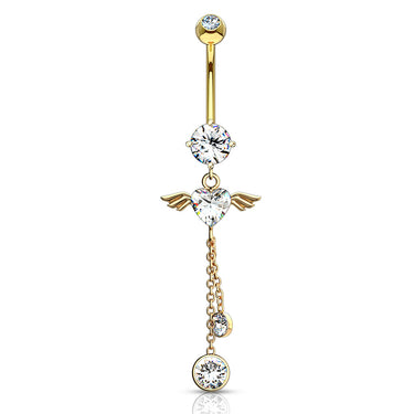 Gabriel Angel Heart Belly Bar in 14K Yellow Gold - Dangling Belly Ring. Navel Rings Australia.