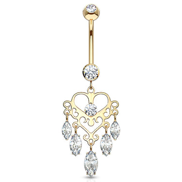 Marquise Heart Chandelier in 14K Gold - Dangling Belly Ring. Navel Rings Australia.