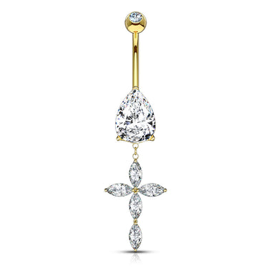 Marquise Set Cross Belly Bar in 14K Gold - Dangling Belly Ring. Navel Rings Australia.