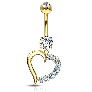 CZ Heart Navel Bar in 14K Yellow Gold - Dangling Belly Ring. Navel Rings Australia.