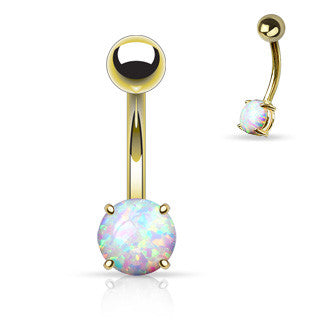 Gold Sabella Prong Opal Belly Ring - Basic Curved Barbell. Navel Rings Australia.